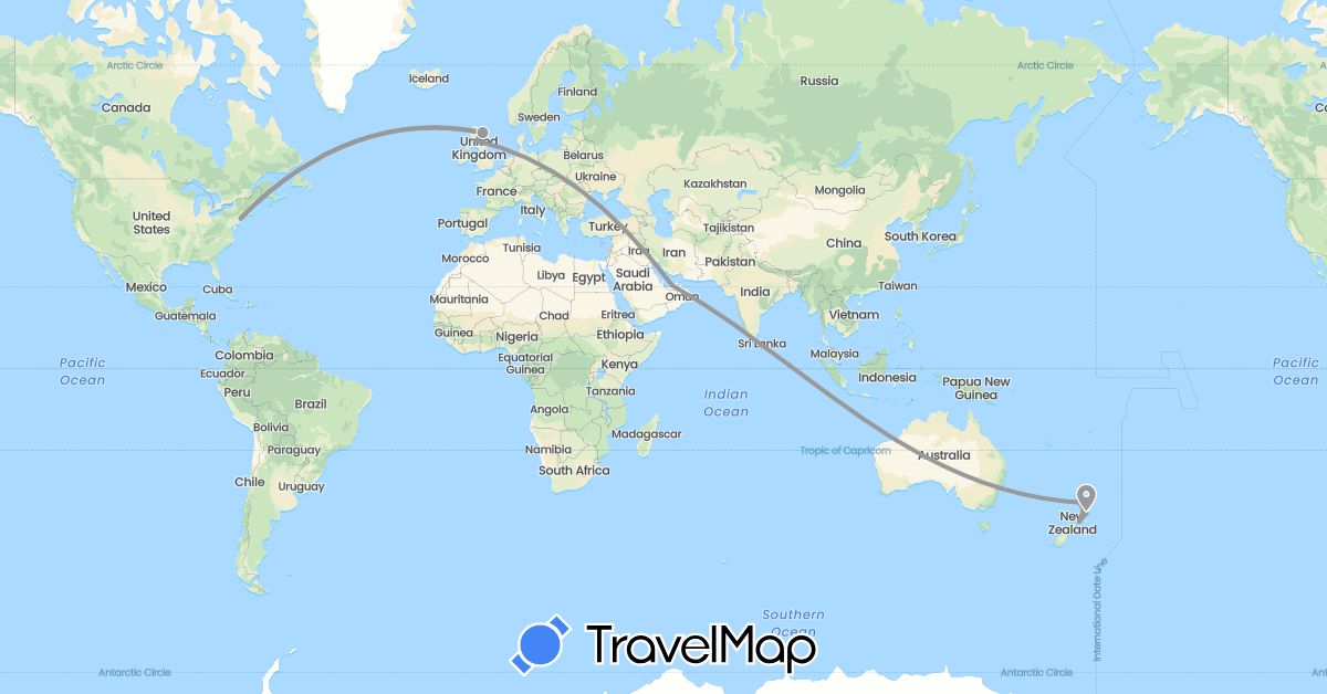 TravelMap itinerary: plane in United Arab Emirates, United Kingdom, New Zealand, United States (Asia, Europe, North America, Oceania)